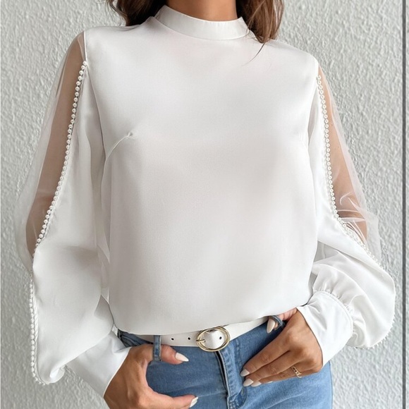 Elegant Sheer Mesh Long Sleeve Pearls Beaded Mock Neck Blouse Blue - Picture 11 of 14